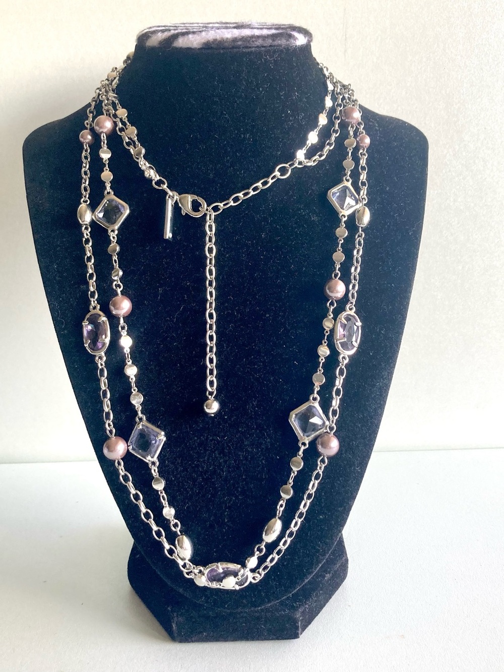 Multi-Strand Silver tone preloved Necklace with Purple Gem Accents